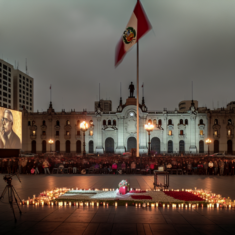 Tributo en la Plaza de Armas por el fallecimiento de Mario Vargas Llosa, con velas y retrato.