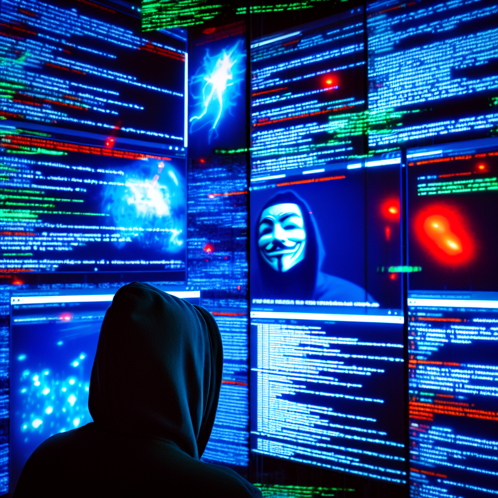 Explorando las controversias recientes de 4chan en el ciberespacio Hacker en capucha frente a pantallas con código y logo de Anonymous, relacionado con controversias recientes en 4chan.