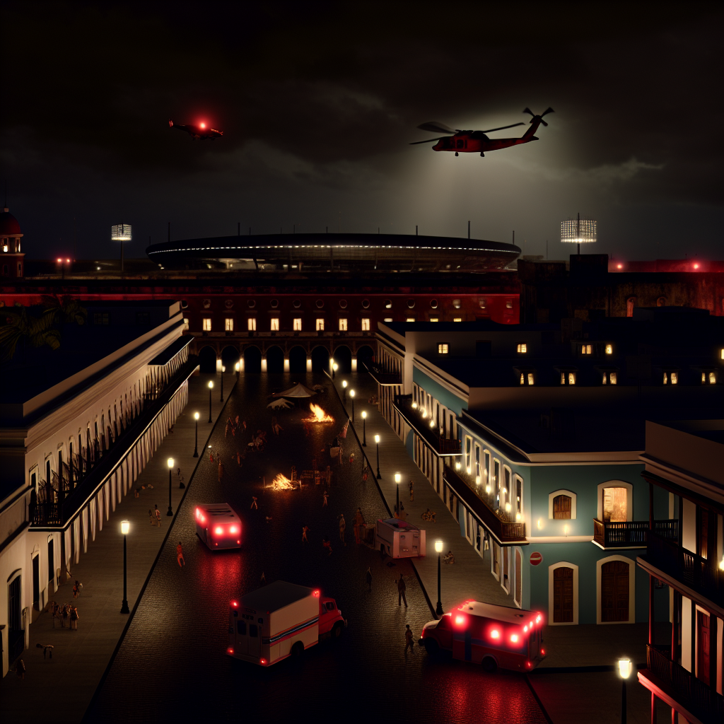 Emergencia en Puerto Rico: Apagón Masivo en Noche Oscura Escena nocturna de un apagón masivo en Puerto Rico con helicópteros y ambulancias activas