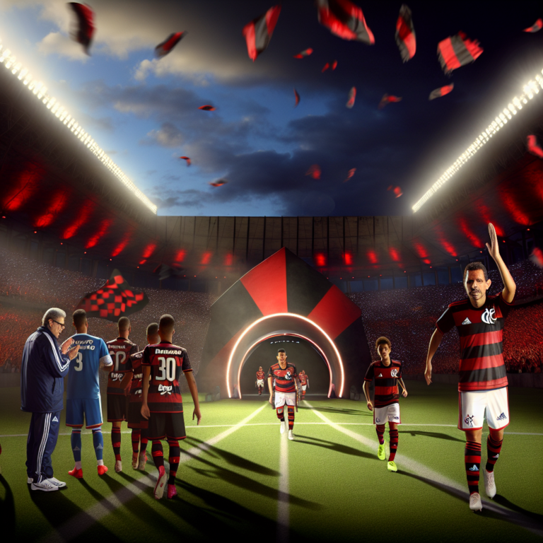 Jugadores del Flamengo ingresando al campo en un estadio lleno durante un juego nocturno, destacando desfalques clave.