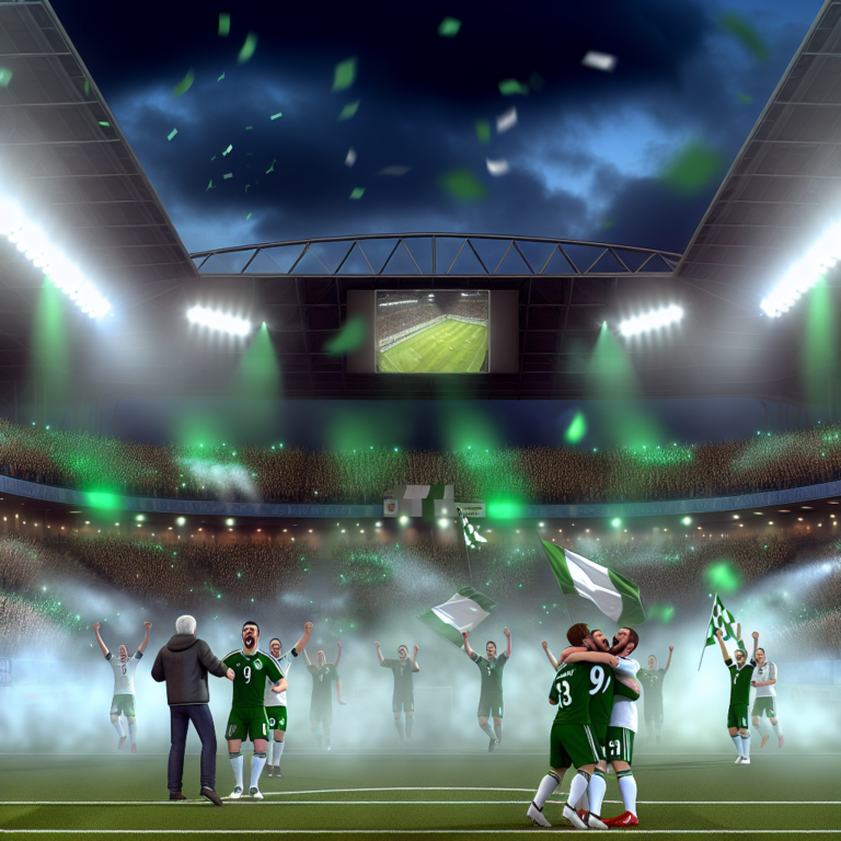 Jubiloso equipo del Betis celebrando en semifinales europeas ante estadio lleno y confeti verde