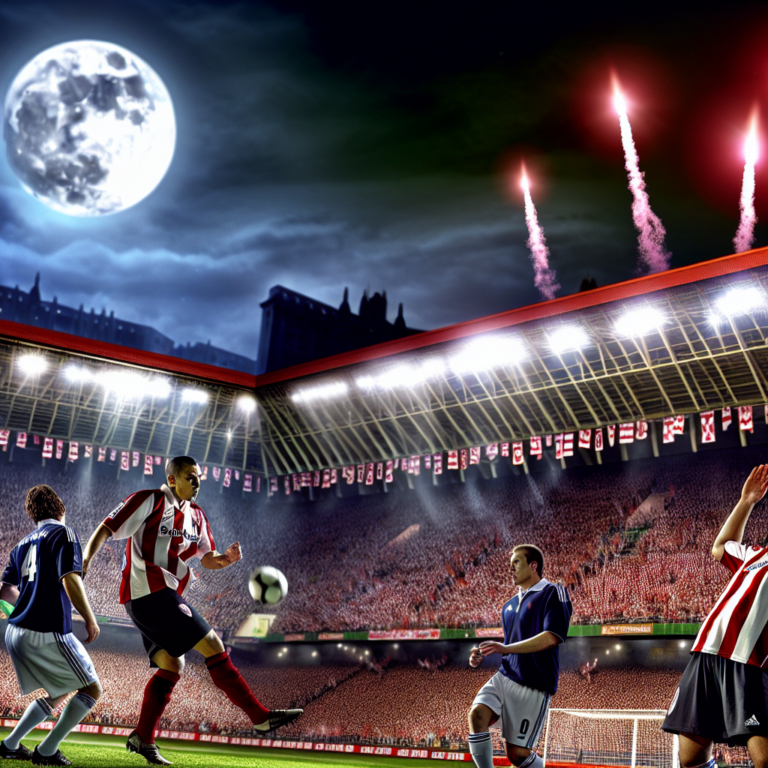 Athletic Rangers striker scoring under moonlit soccer match