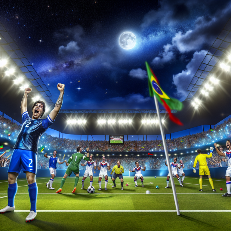 Jugador celebra emocionado durante un partido nocturno en un empate entre Cruzeiro y Bahía bajo un cielo estrellado.