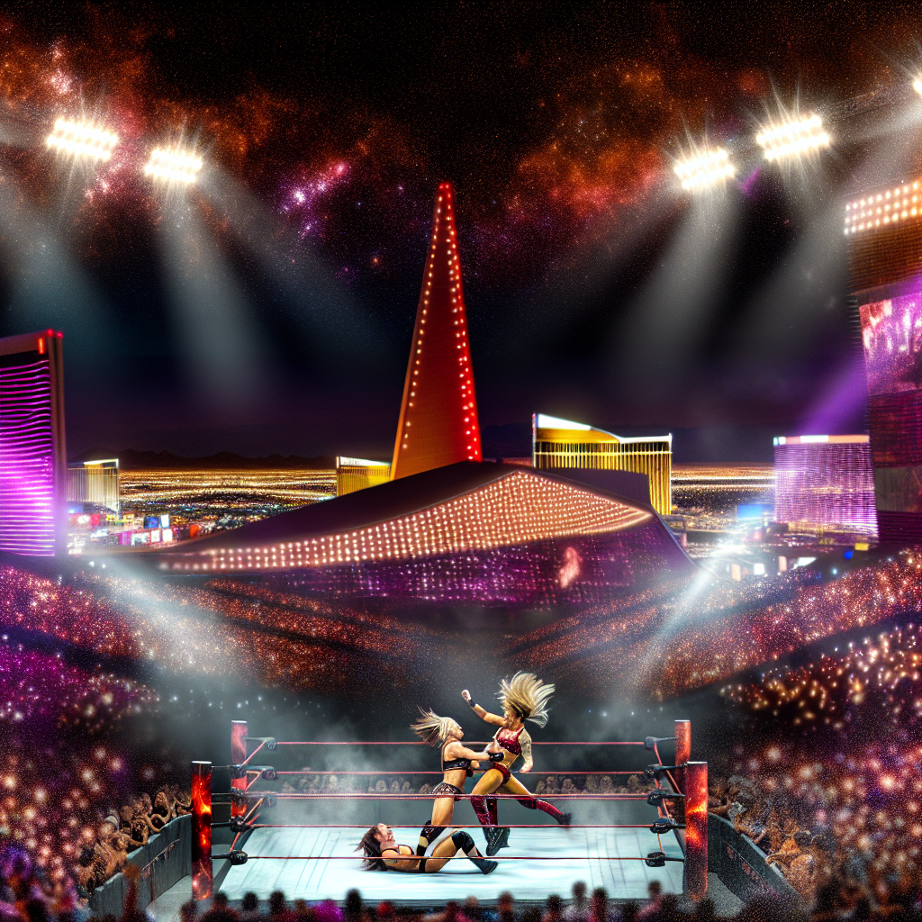 Wrestlers femeninas compitiendo en WrestleMania 41, arena iluminada en Las Vegas