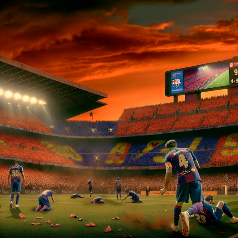 Jugadores de Barcelona celebran la remontada del equipo ante el Celta en un estadio lleno al atardecer