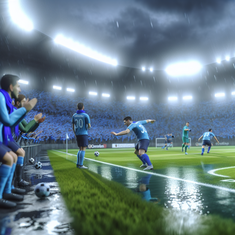 Jugador del Manchester City celebrando un gol que asegura la victoria sobre Everton bajo la lluvia