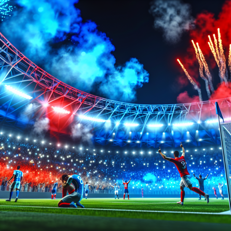Celebración de gol en partido entre Barcelona y Celta en estadio iluminado con fuegos artificiales