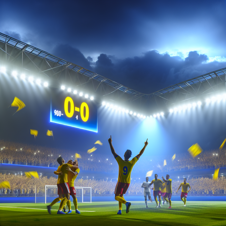 Jugadores de Las Palmas celebrando victoria sobre Atlético de Madrid en estadio iluminado.
