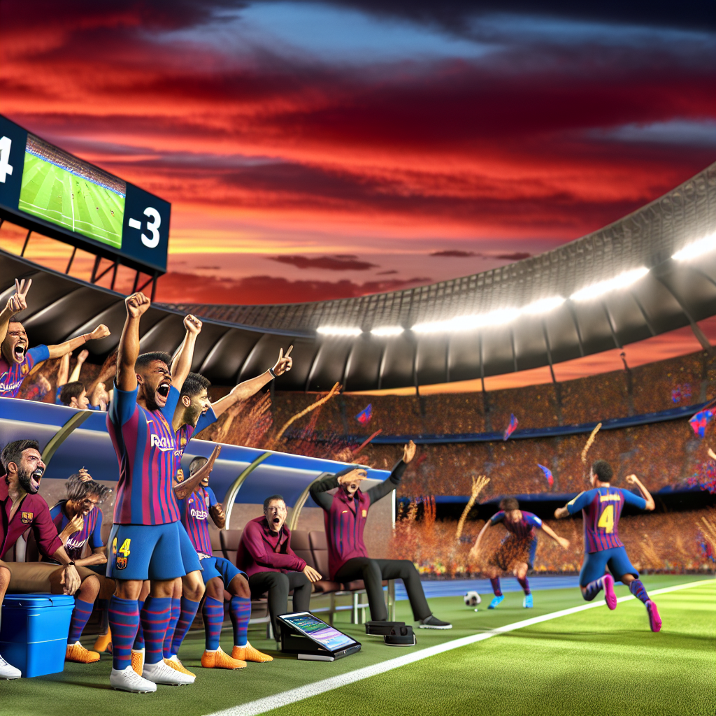 Celebración Épica del Barcelona Tras Remontar el Marcador Barcelona celebrando una remontada épica en el estadio bajo un cielo rojizo