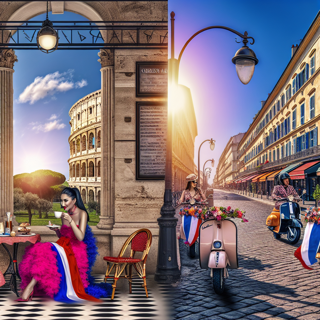 Escena parisina chic en la quinta temporada de Emily en París Mujer elegante tomando café en París cerca del Coliseo durante la quinta temporada de Emily en París