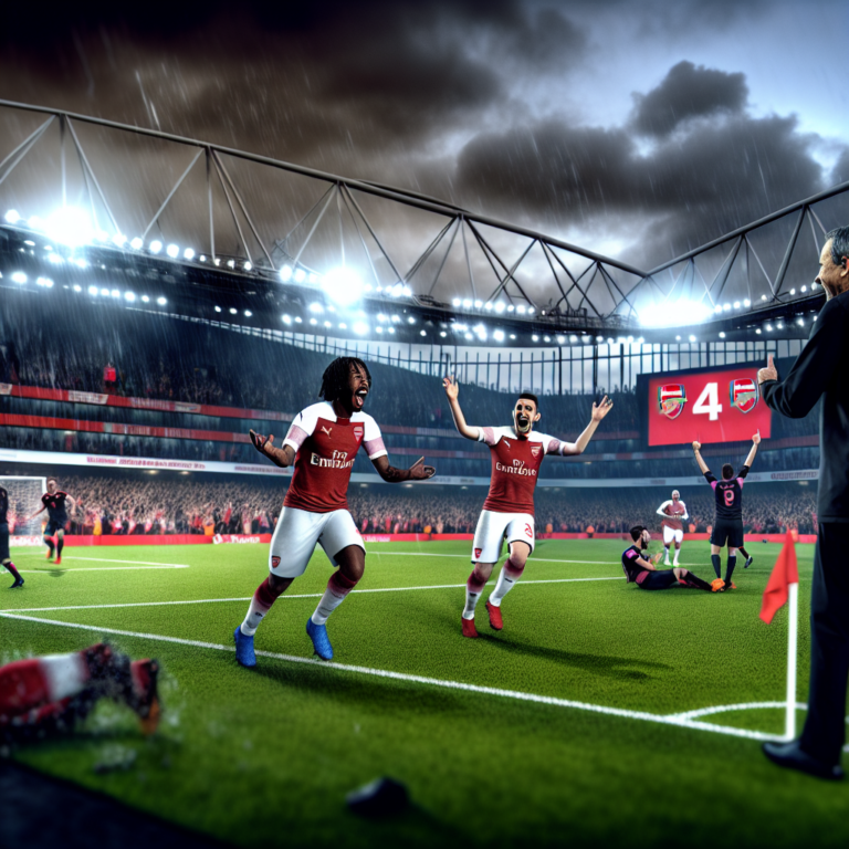 Arsenal vence a Ipswich en un partido emocionante bajo la lluvia, jugadores celebrando