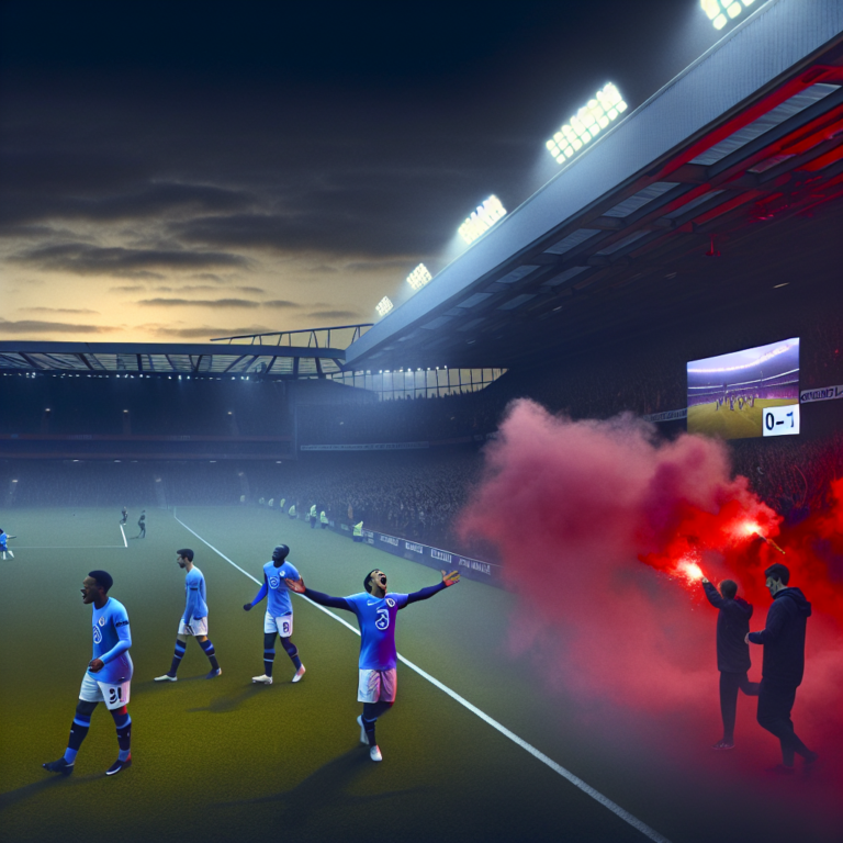 Jugadores del Leicester City celebran gol contra Liverpool en estadio con bengala roja