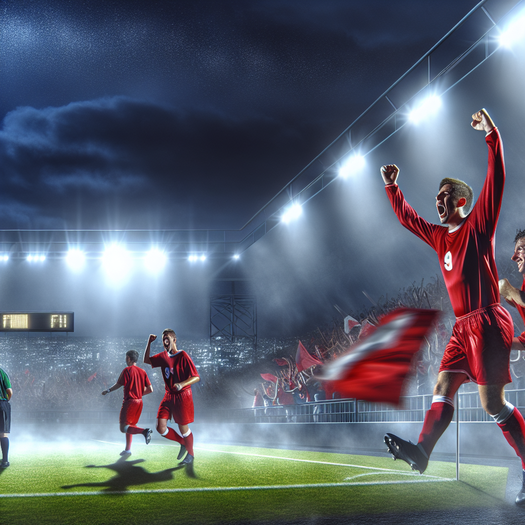 Celebra Nottingham Forest: Triunfo Nocturno Sobre Tottenham Jugadores del Nottingham Forest celebran victoria sobre Tottenham en partido nocturno bajo reflectores.