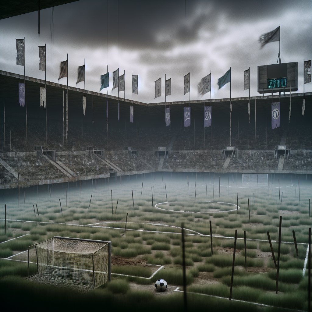 Escenario Olvidado: El Estadio de Godoy Cruz - Grêmio en silencio Estadio abandonado con hierba alta en Godoy Cruz - Grêmio, atmósfera sombría