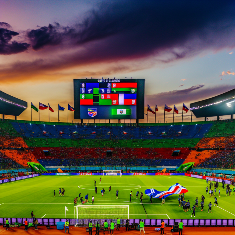 Equipos Palestino y Cruzeiro calentando en la Copa Sudamericana 2025 ante una impresionante puesta de sol