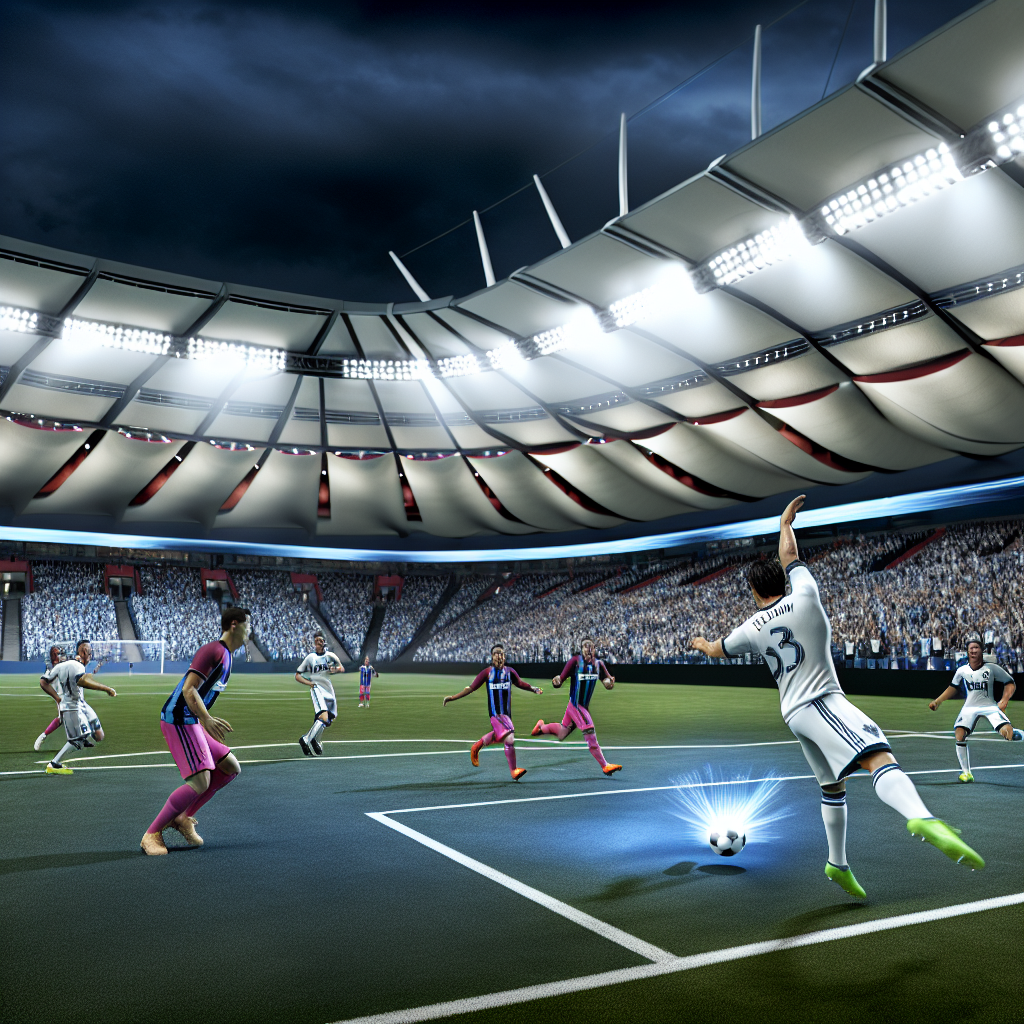 Gol decisivo de Whitecaps contra Inter Miami capturado en juego vibrante Jugador de los Whitecaps anotando gol contra Inter Miami en partido nocturno