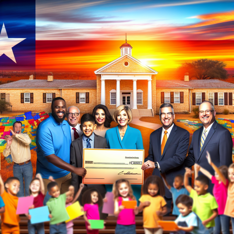 Grupo de personas sonriendo con un cheque de plan de vouchers educativos frente a una escuela