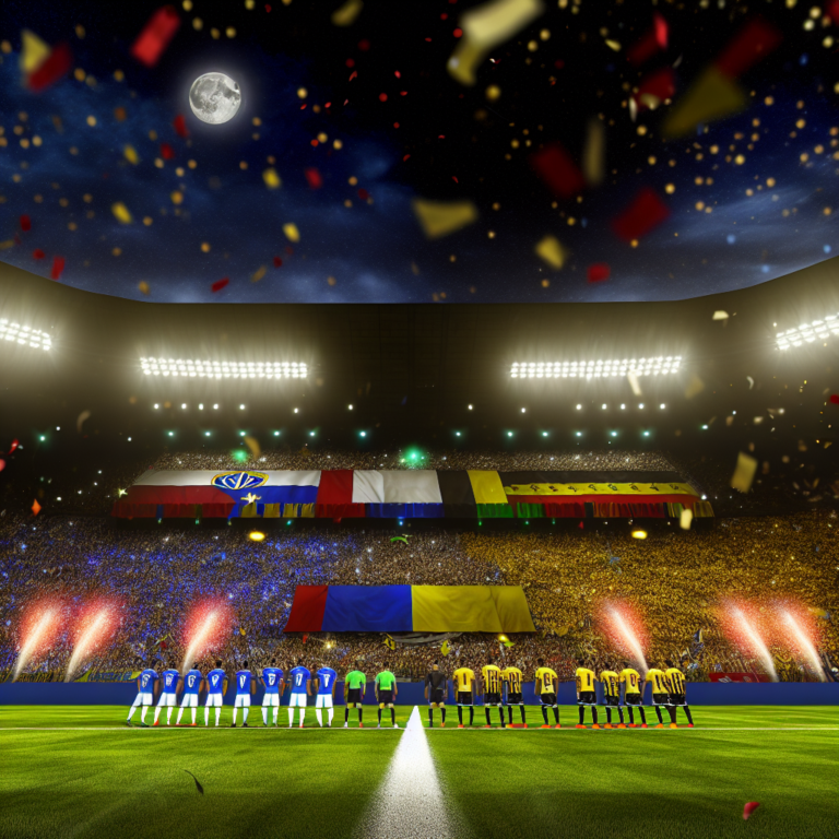 Equipos de Central Córdoba y Deportivo Táchira en la cancha bajo luz nocturna con banderas internacionales