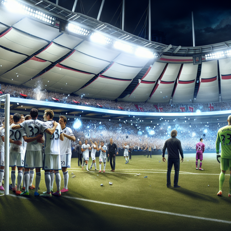 Equipo de fútbol celebrando victoria en estadio lleno, partido Whitecaps vs Inter Miami.