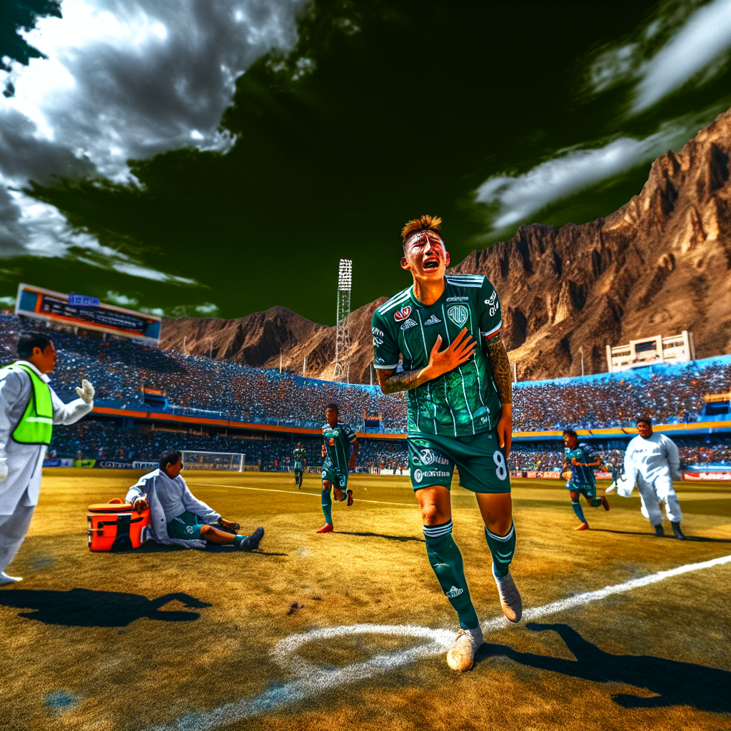 Triunfo de Palmeiras contra Bolívar bajo una impresionante montaña Jugador de Palmeiras celebra la victoria sobre Bolívar en partido de fútbol con estadio y montaña de fondo