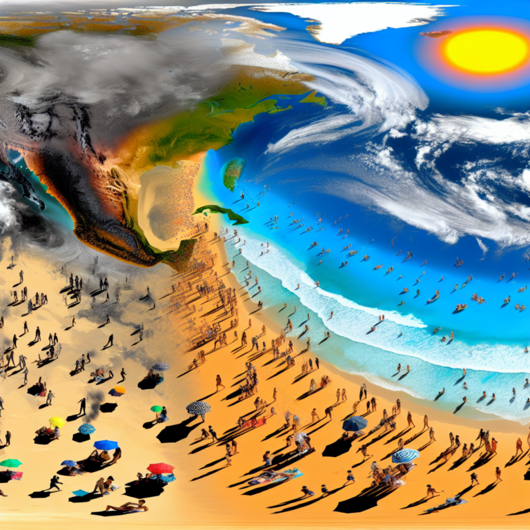 Pronóstico del clima en playa concurrida bajo un sol brillante.