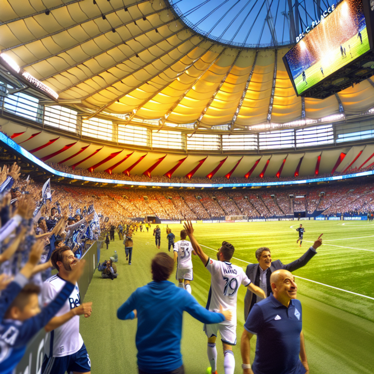 Euphoric crowd at a match between Whitecaps and Inter Miami in a stadium