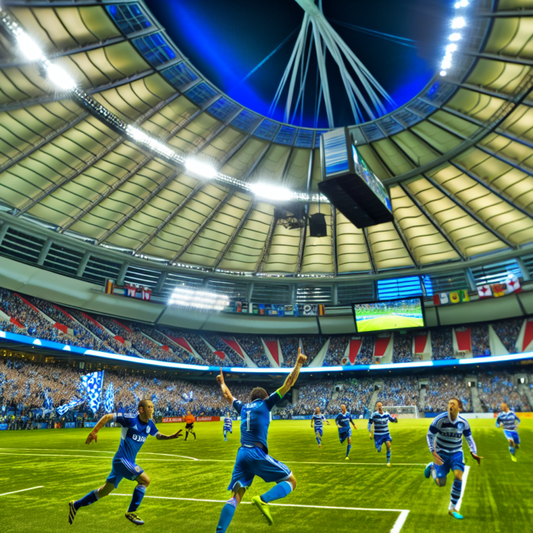 Intense Whitecaps vs Inter Miami match at a vibrant stadium with players in action under bright lights