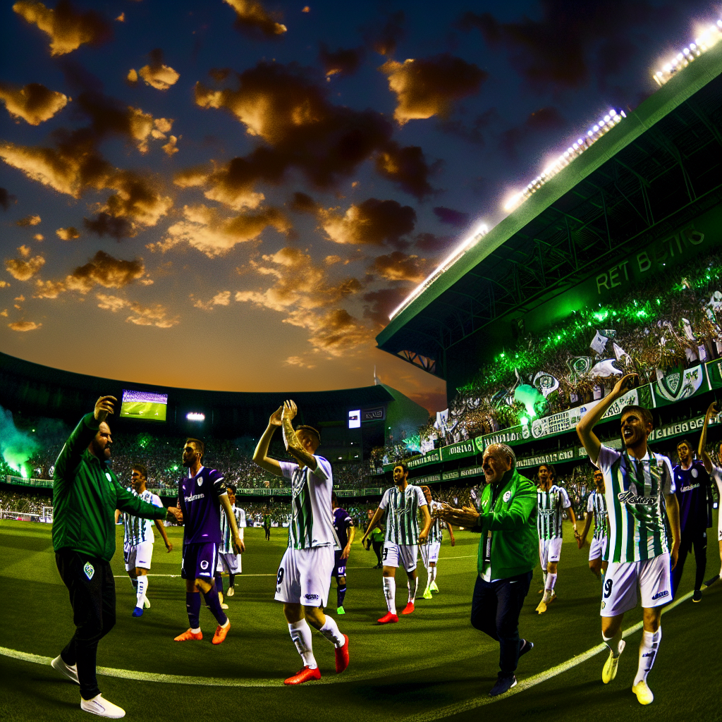 Triunfo del Betis en un atardecer vibrante - Goliza contra Valladolid Jugadores del Betis celebrando una victoria contundente sobre el Valladolid al atardecer en el estadio.