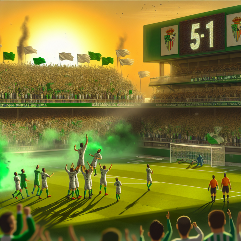 Jugadores del Betis celebrando una victoria por goleada 5-1 contra el Valladolid en un estadio lleno