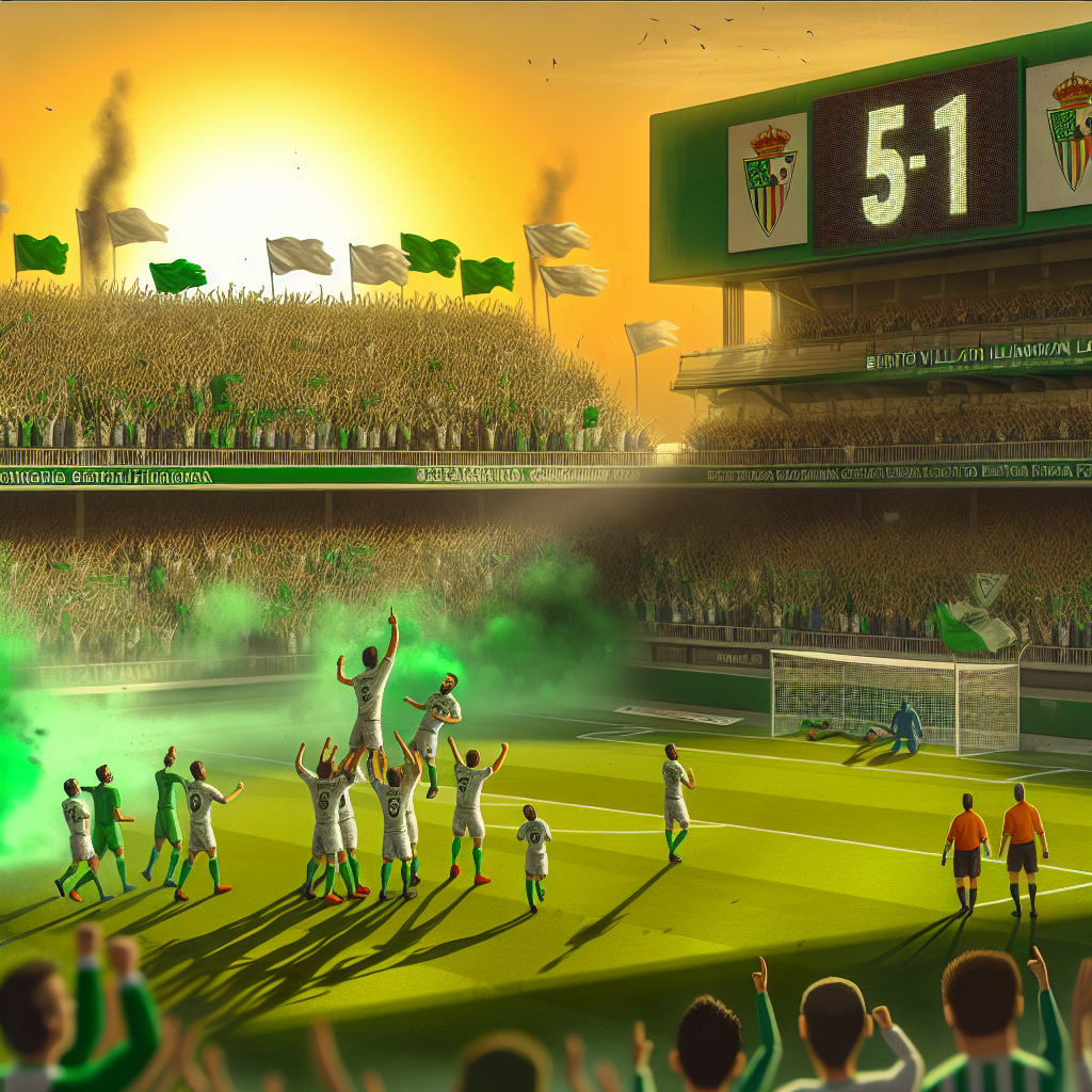 Euforia en el Estadio: Betis Celebra Triunfo 5-1 sobre Valladolid Jugadores del Betis celebrando una victoria por goleada 5-1 contra el Valladolid en un estadio lleno