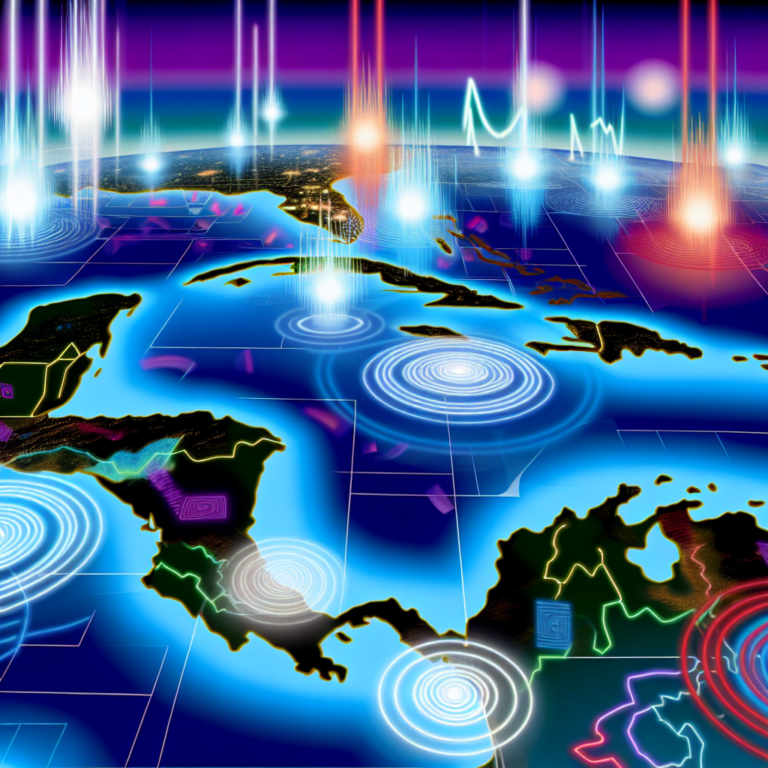 Mapa digital mostrando actividad sísmica reciente y epicentros globales