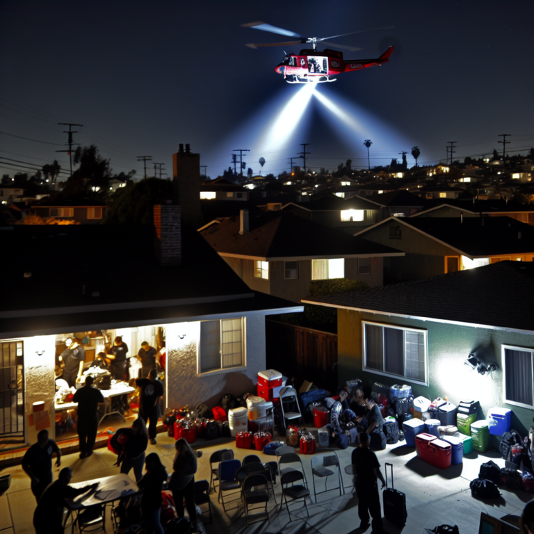 Vecinos reunidos por evacuación durante terremoto en California con helicóptero iluminando desde arriba