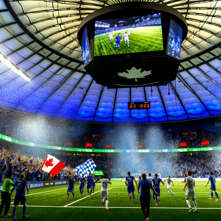 Exciting Whitecaps vs Inter Miami match in a packed stadium with Canadian flag and vibrant fans.