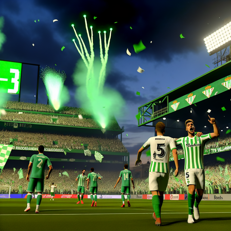 Celebración del Betis goleando al Valladolid en un estadio lleno con fuegos artificiales verdes