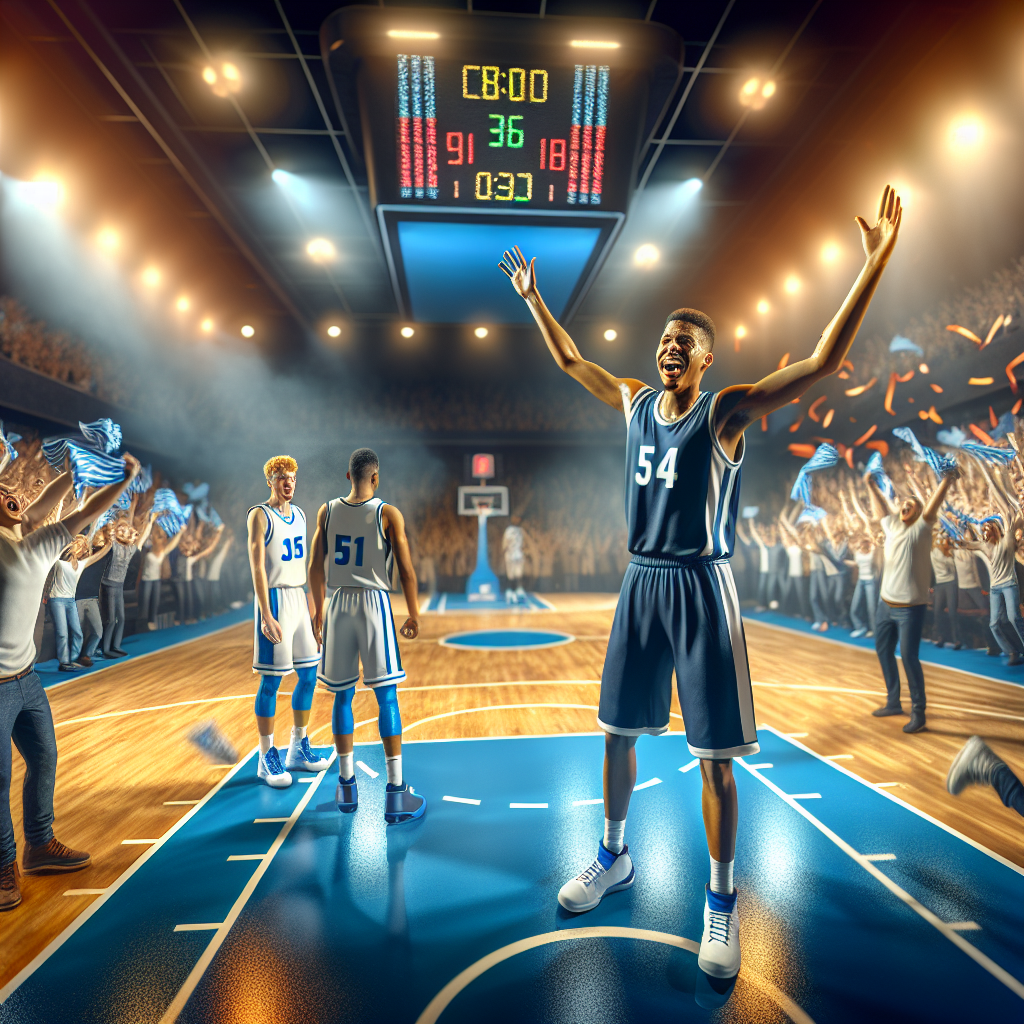 Remontada Épica: Los Thunder triunfan con un marcador impresionante Jugador de los Thunder celebrando una remontada histórica en un partido de baloncesto con el marcador 91-36 a su favor