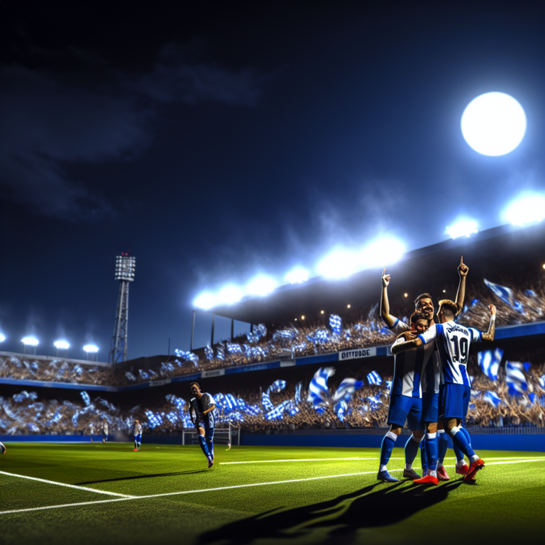 Celebración de gol en un partido Leganés-Girona en estadio iluminado por la noche