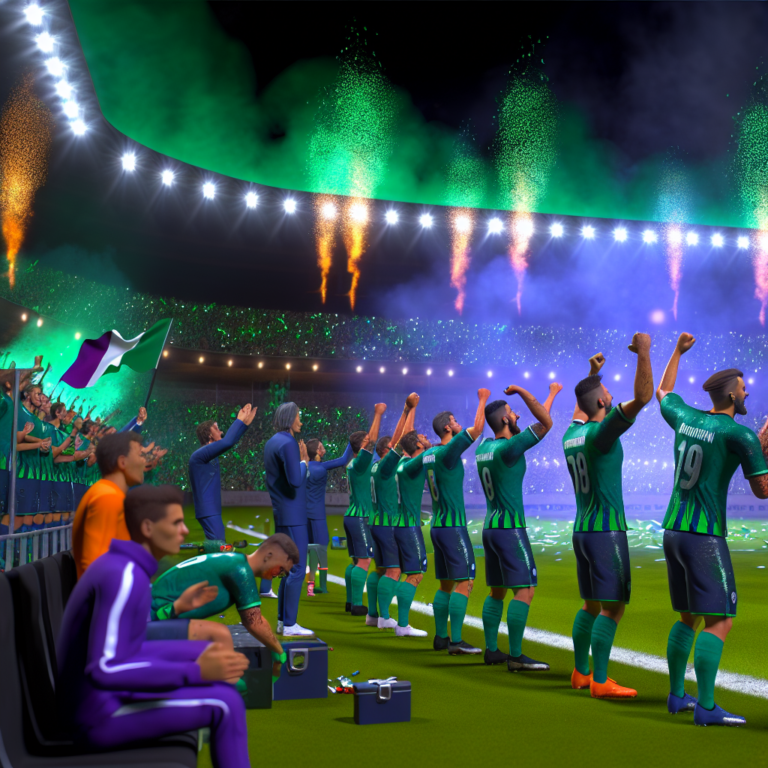 Jugadores del Betis celebrando victoria en LaLiga con fuegos artificiales y público animado