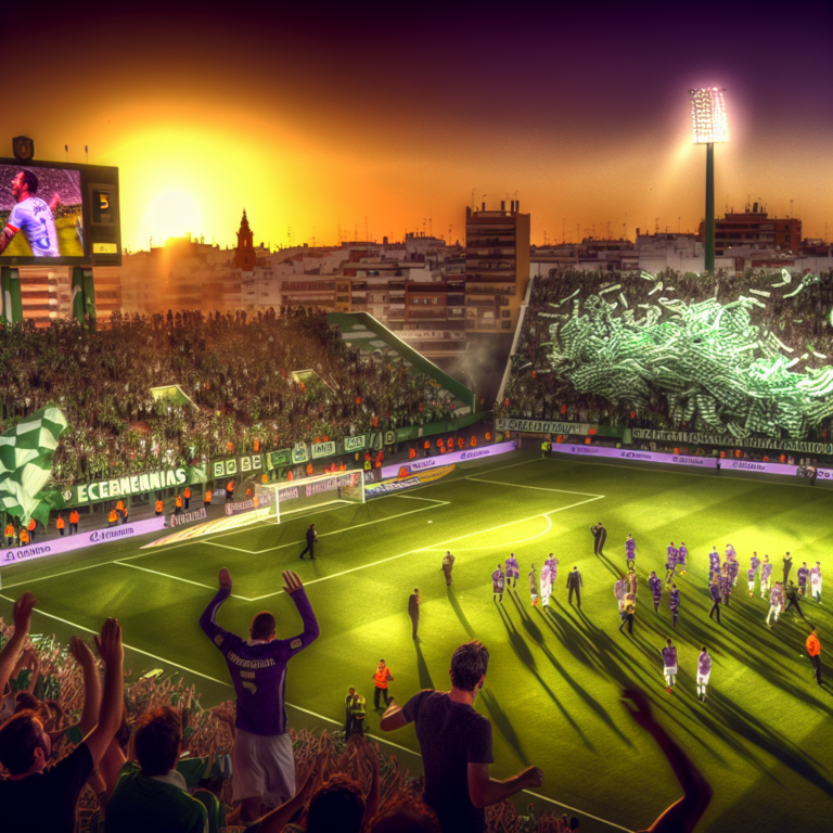 Estadio del Betis repleto durante partido donde Betis golea al Valladolid al atardecer