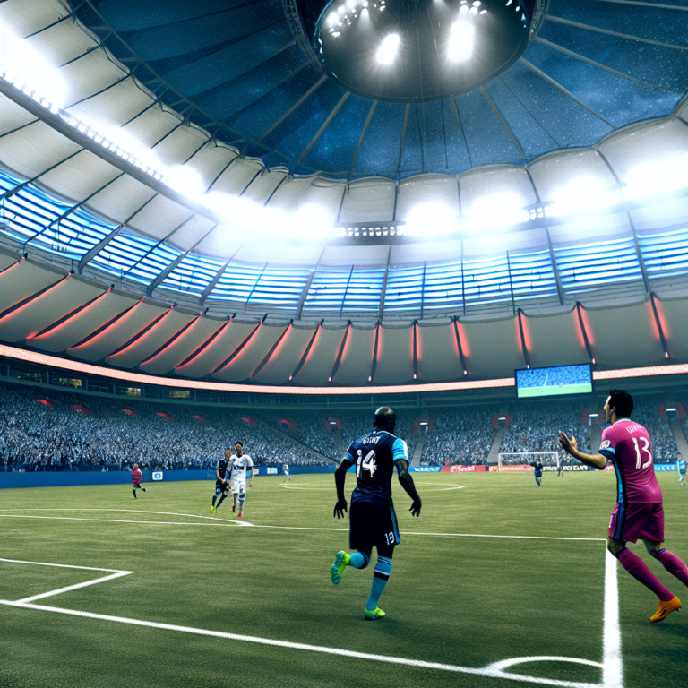 Partido de fútbol intenso entre Whitecaps y Inter Miami en estadio abarrotado