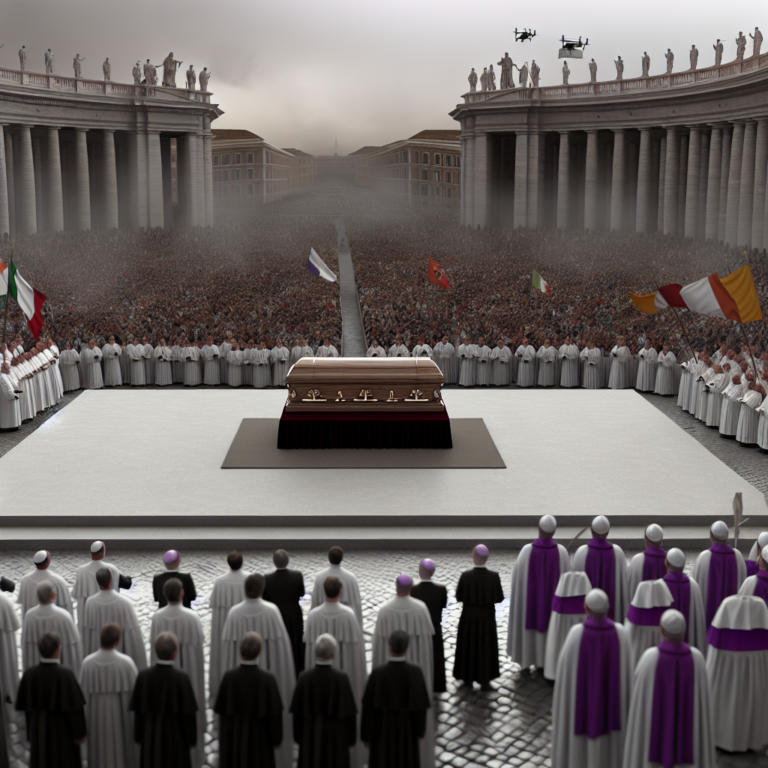 Vista aérea del funeral papal de Francisco en la Plaza de San Pedro con multitudes y clérigos