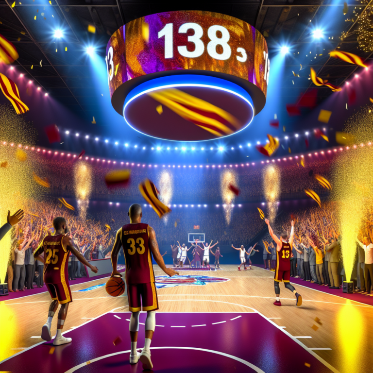 Celebración de histórica victoria de los Cavaliers con un marcador de 138 puntos en un estadio lleno.