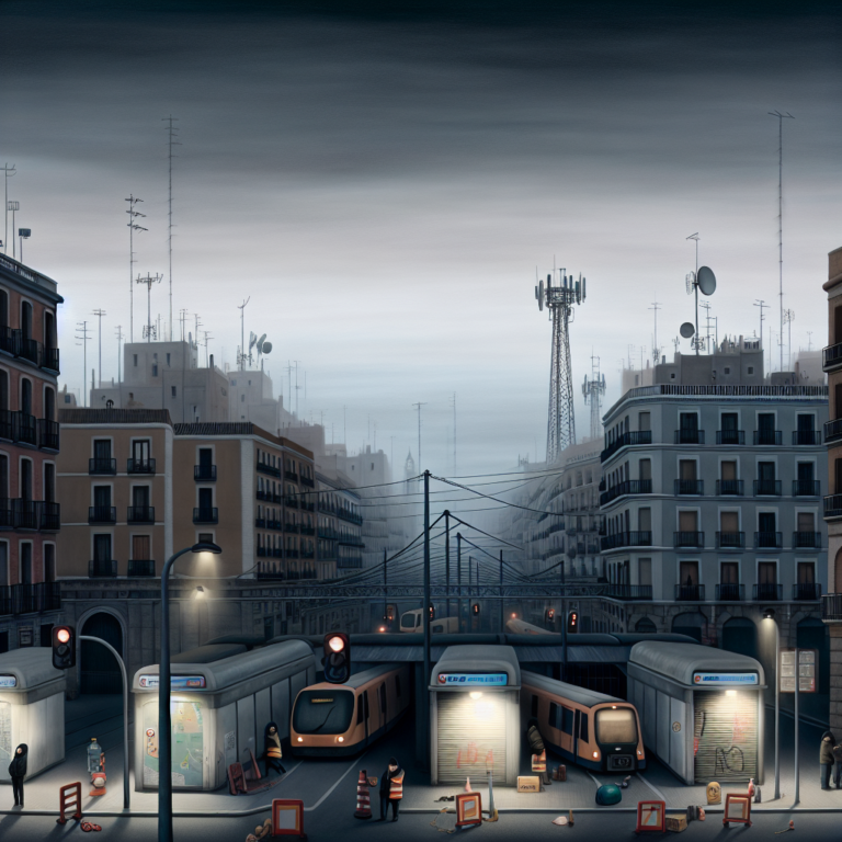 Escena urbana en penumbra durante el gran apagón en España con trenes y edificios