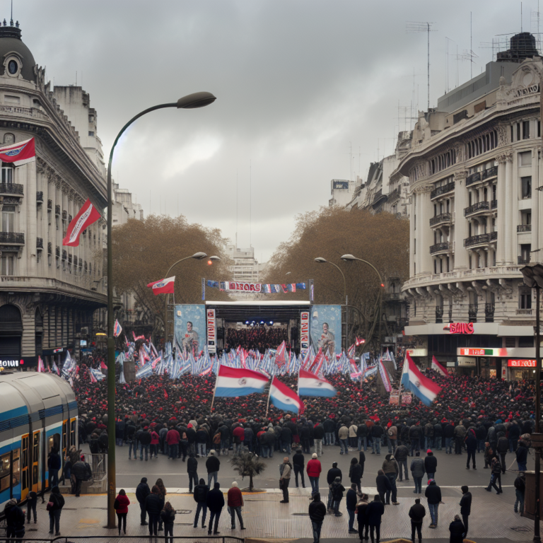 Conmemoración del feriado 1 de mayo en Argentina con multitud y banderas en calle principal
