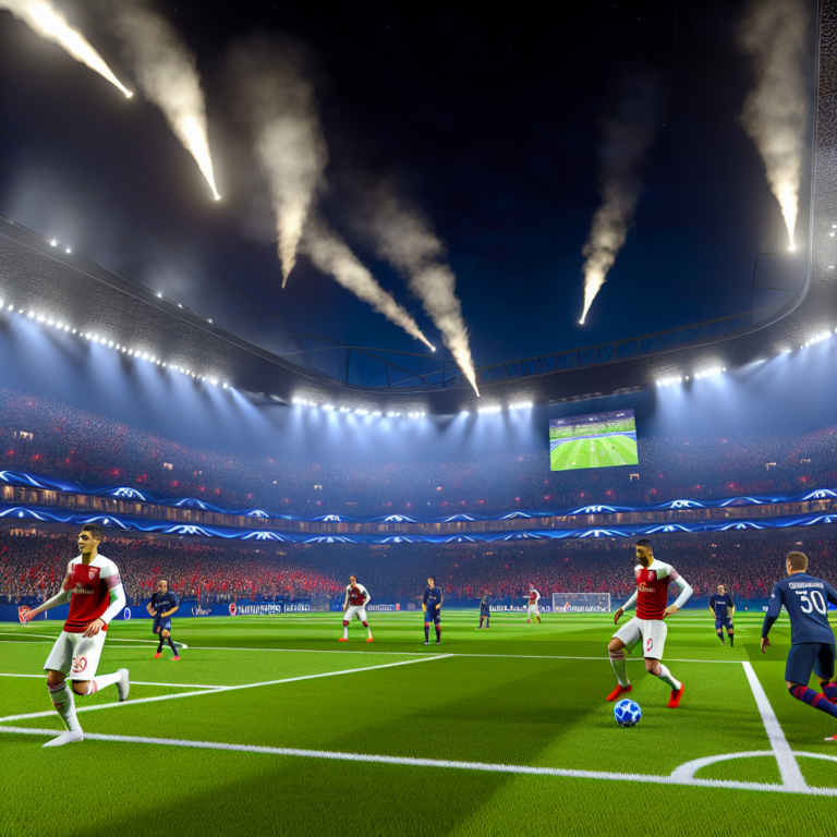 Jugadores del Arsenal y PSG en un vibrante partido de fútbol nocturno