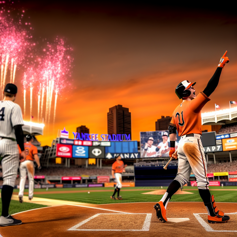 Jugador de los Orioles celebrando un home run en el Yankee Stadium al atardecer con fuegos artificiales
