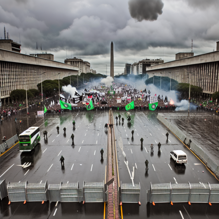 Protesta masiva durante el paro nacional en Argentina frente a un monumento icónico.