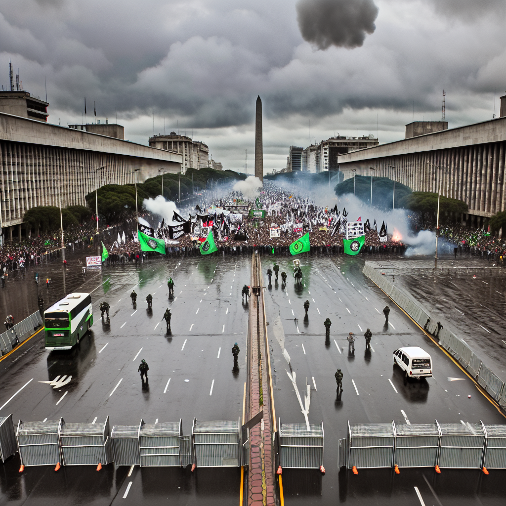 Manifestación Impactante en Paro Nacional en Argentina Protesta masiva durante el paro nacional en Argentina frente a un monumento icónico.
