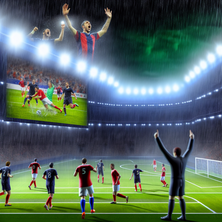 Jugador celebra gol en partido nocturno bajo lluvia Arsenal vs PSG