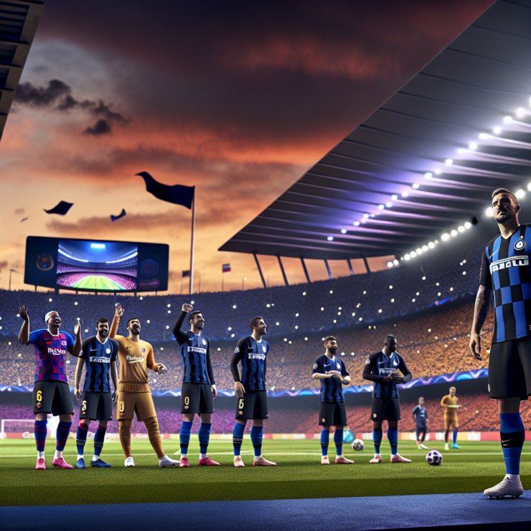 Jugadores del Barcelona y el Inter listos en el campo al atardecer, partido decisivo