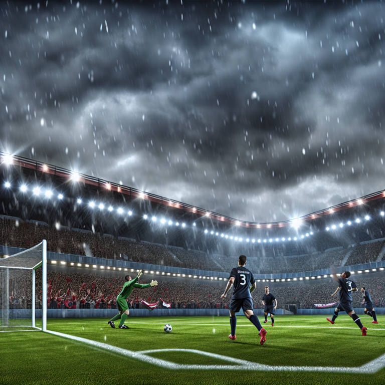 Fútbolista del Arsenal anotando un gol contra el PSG en un estadio bajo la lluvia